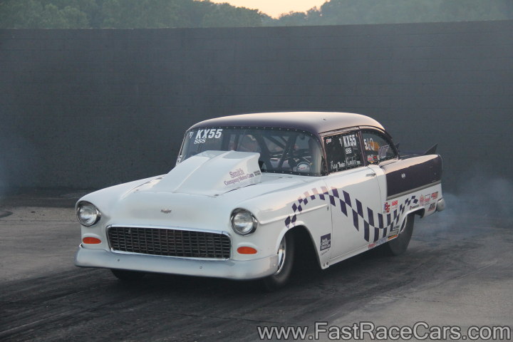Purple and White 1955 Chevrolet Drag Car with checkered paint